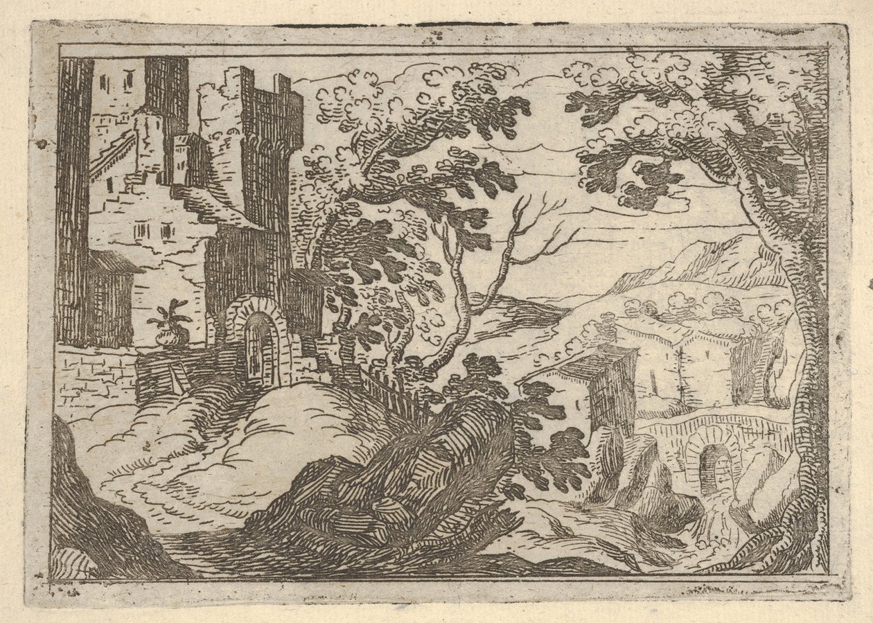 Solda binalar ve sağ altta bir köprü ile manzara, yaklaşık. 1620-50. by Remigio Cantagallina