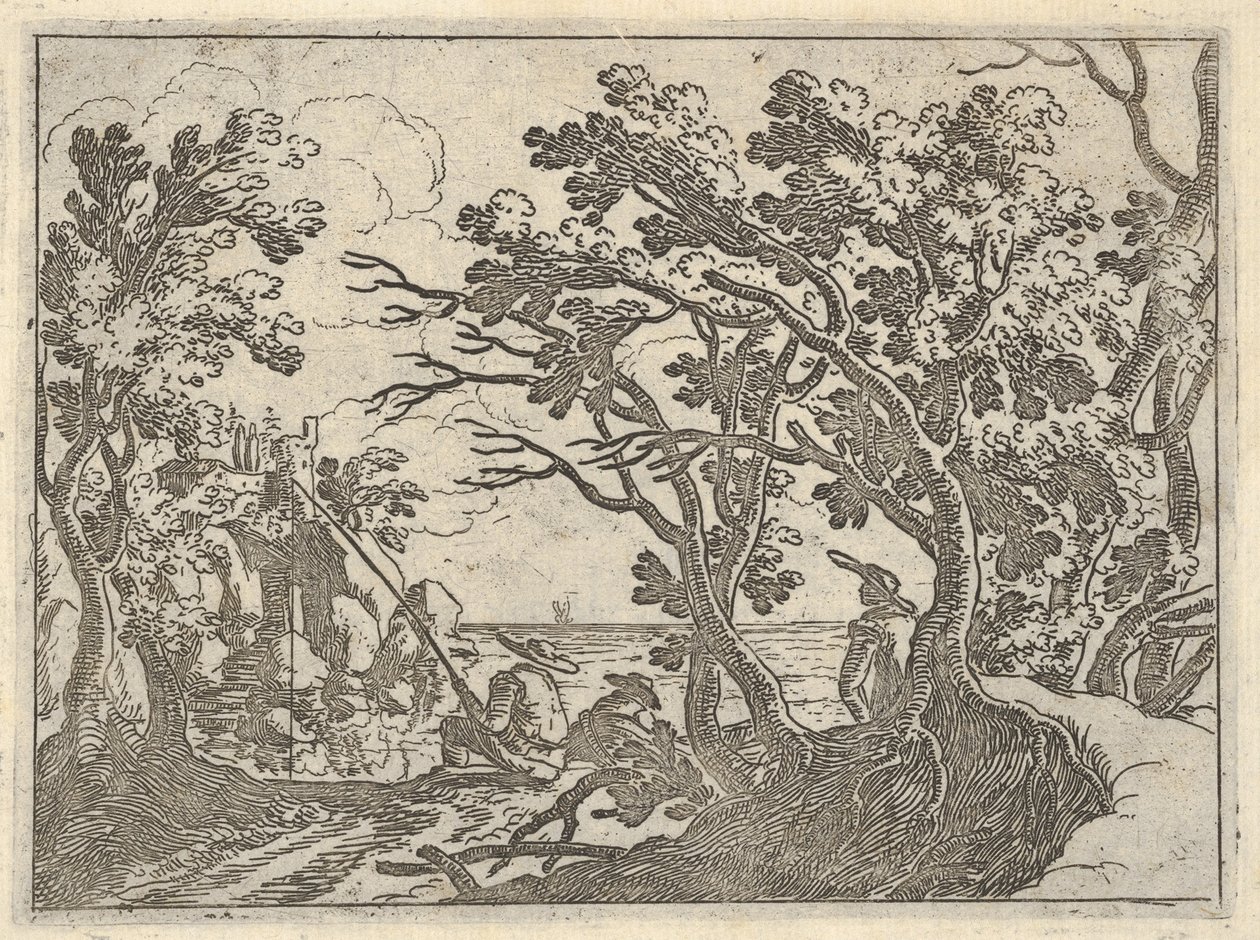 Kıyıdaki balıkçı ve ağaçların altında erkek izleyici ile manzara, tekne pruvasında bir adam..., ca. 1620-50. by Remigio Cantagallina