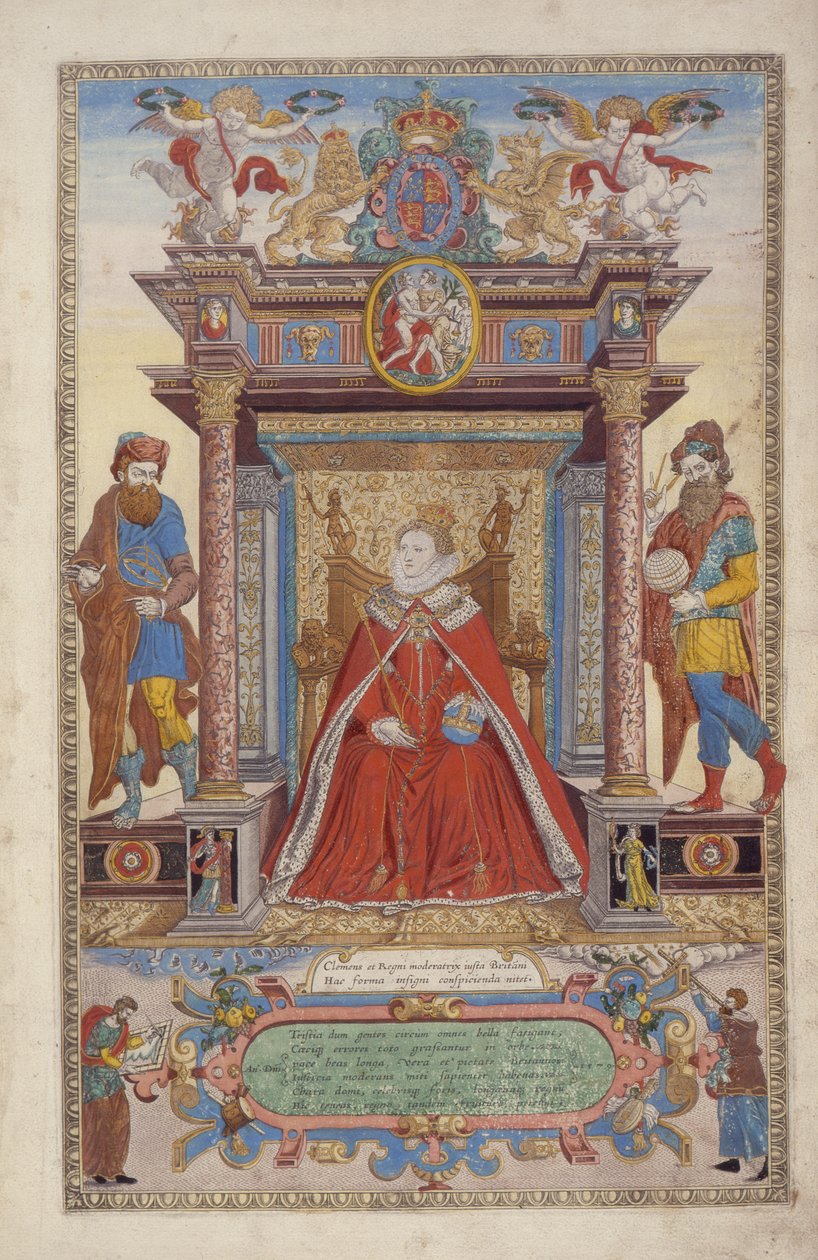 Ön parça, An Atlas of England and Wales, Christopher Saxton (d.1542) 1590 (el renkli gravür) by Remigius Hogenbergh