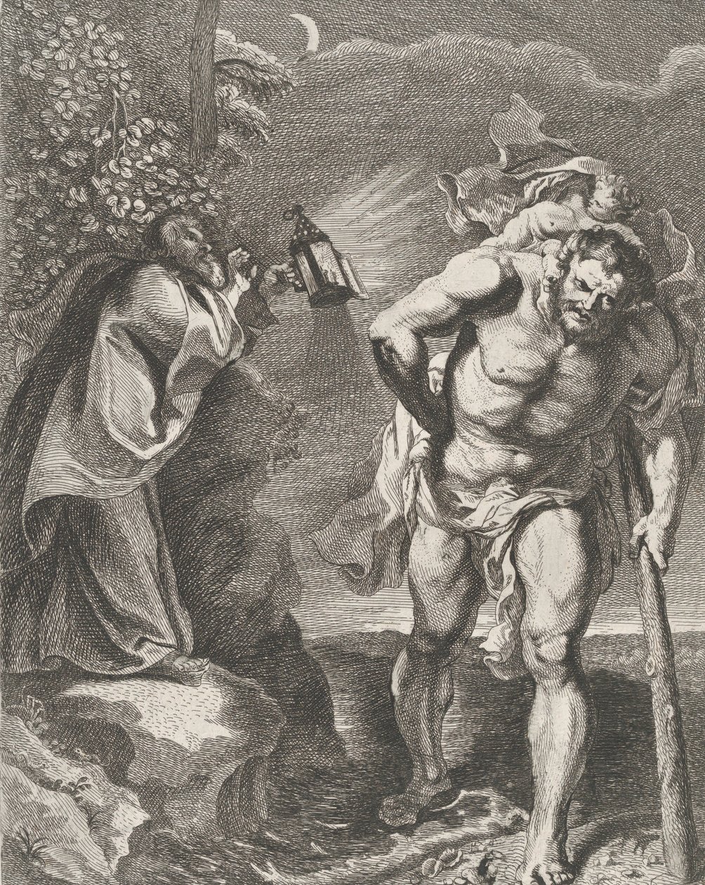 Aziz Christopher, Mesih çocuğunu bir dere boyunca taşıyor, başka bir adam bir ..., ca. 1636-80. by Remoldus Eynhoudts