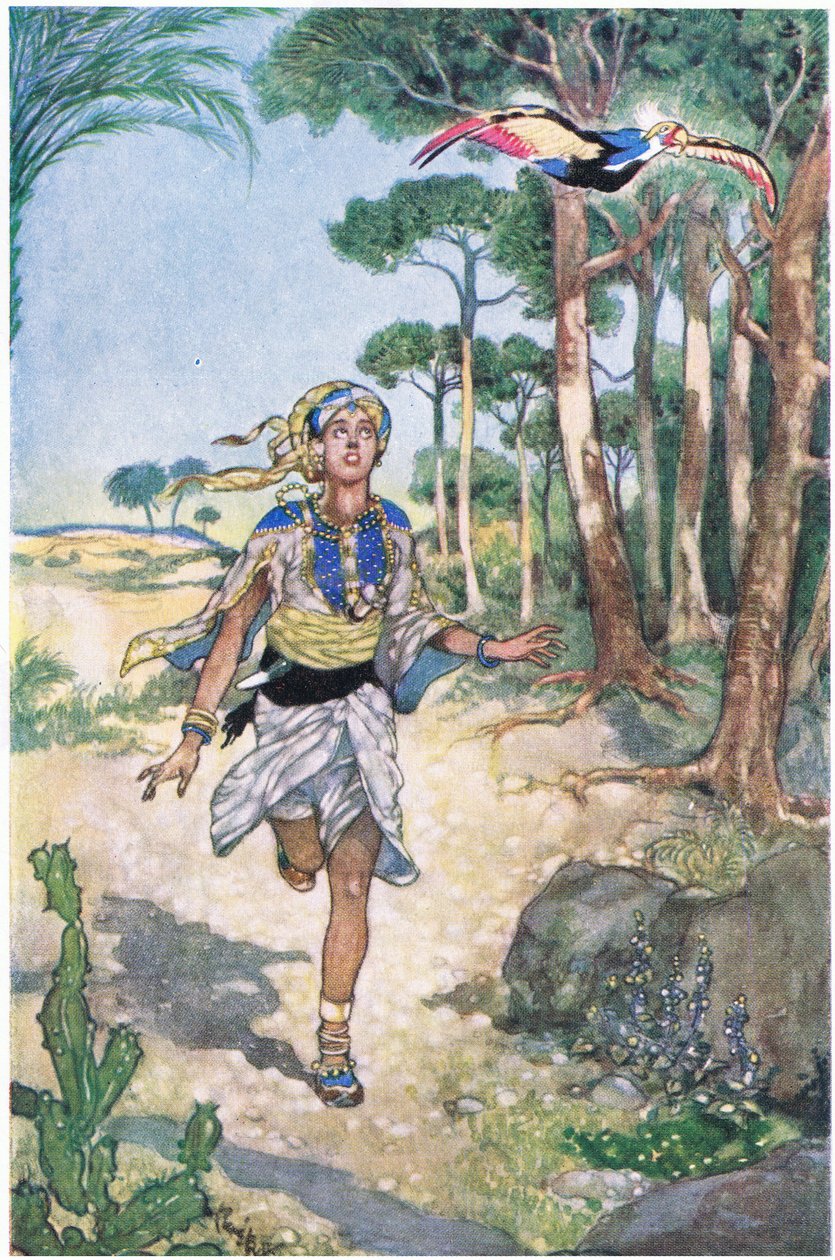 ಮರುದಿನ ಬೆಳಿಗ್ಗೆ ಅವರು 1930 ರ ಟರ್ಕಿ, ಮರದಿಂದ ಮರಕ್ಕೆ ಹಾರಿದಂತೆ ಹಕ್ಕಿಯನ್ನು ಹಿಂಬಾಲಿಸಿದರು by René Bull