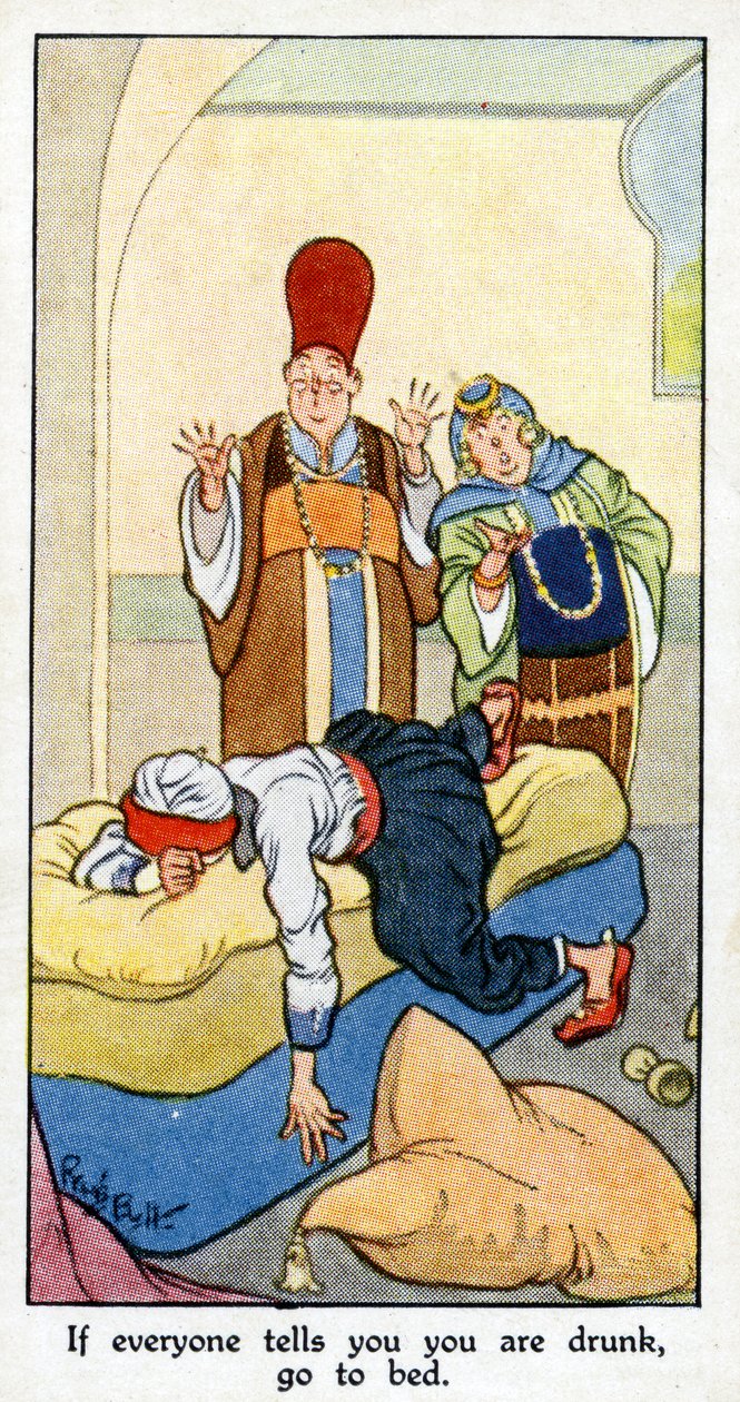 'Eğer herkes sana sarhoş olduğunu söylüyorsa yatağa git - tamamen ayık olsan bile', 1931 (ayrıca bkz. 498191) by René Bull
