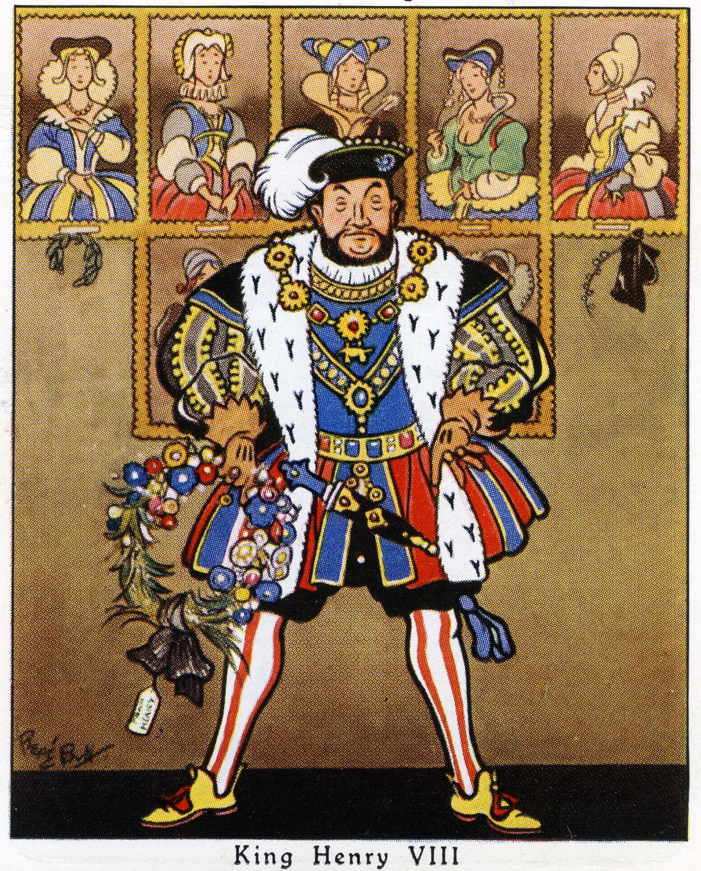 Kral Henry VIII, eşlerinin portrelerini kutsal, ökse otu ve Noel için bir çelenkle süslerken, 1936 by René Bull
