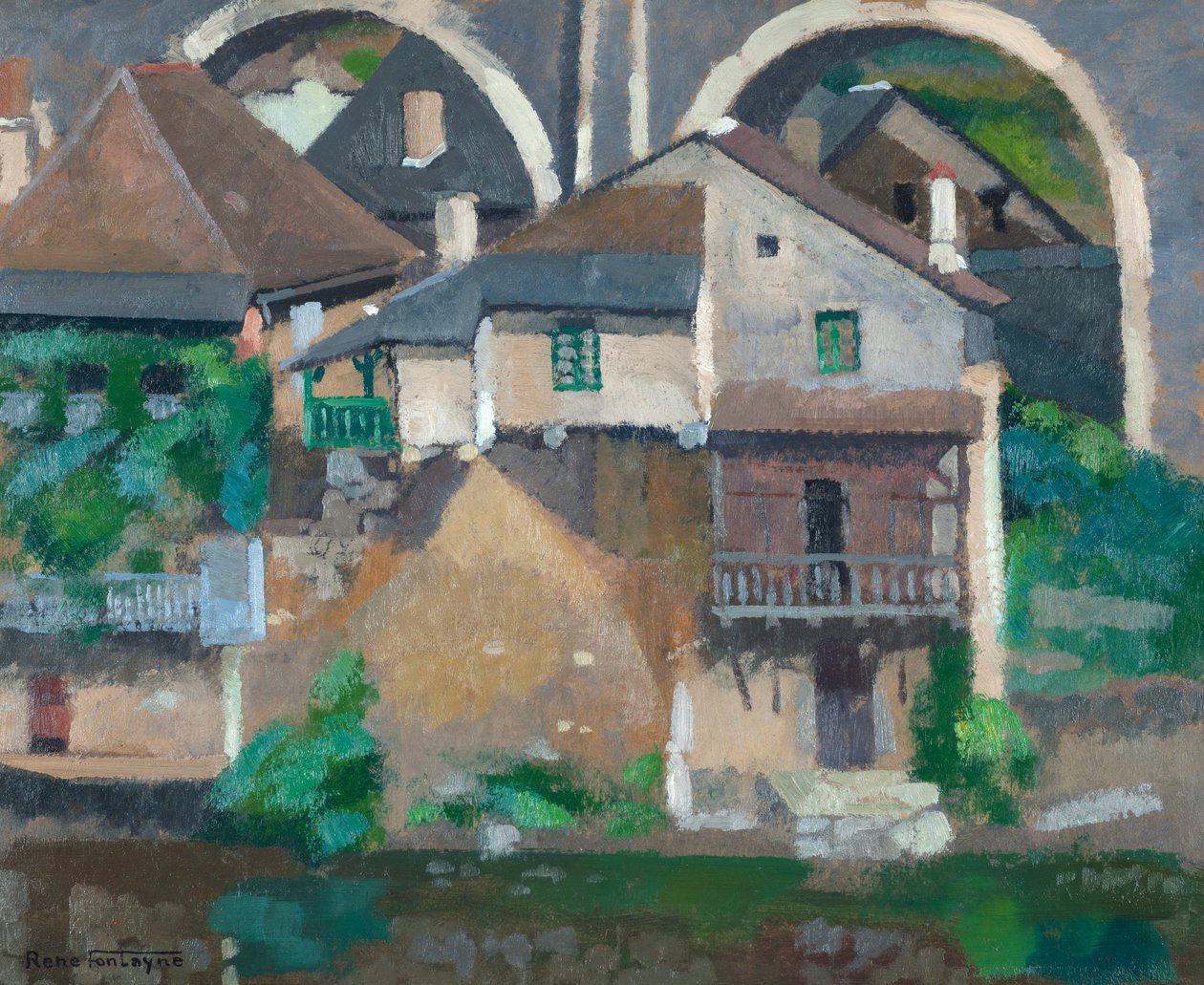Uzerche'deki Vézère'deki Evler (karton üzerine yağlı boya) by René Fontayne
