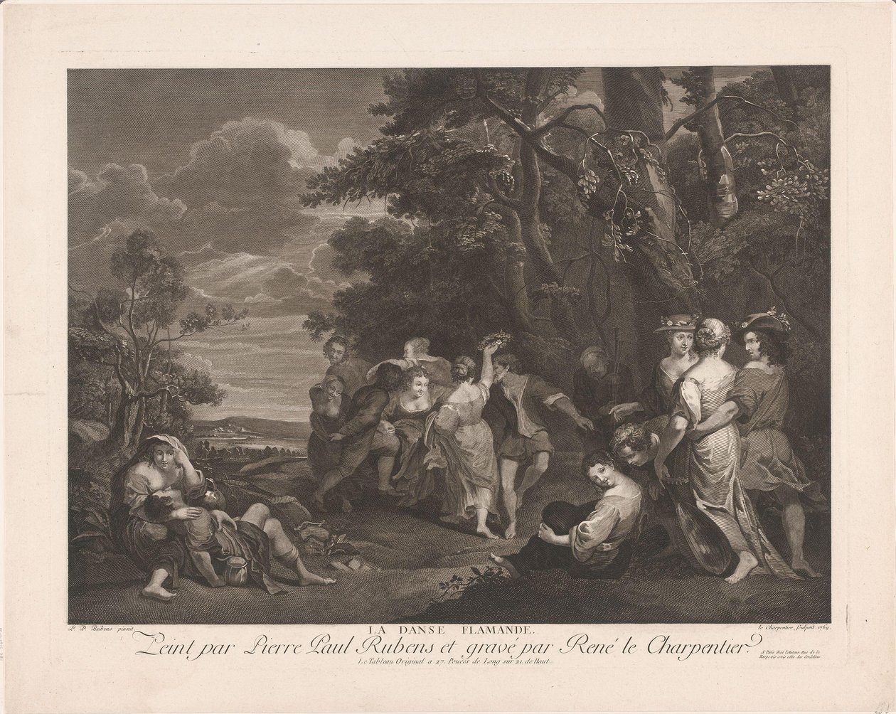Dans eden figürlerle manzara La danse flamande (nesne üzerindeki başlık) by René Jacques Le Charpentier