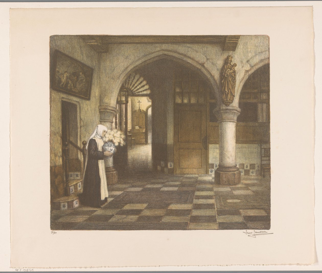 Bir çiçek vazo ile bir manastır salonunda rahibe by René Janssens (signed by artist)