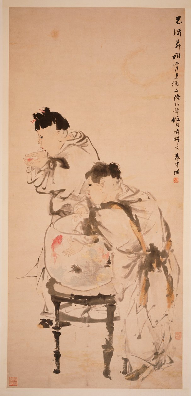 Japon Balığıyla Oynayan İki Çocuk, 1879 by Ren Yi