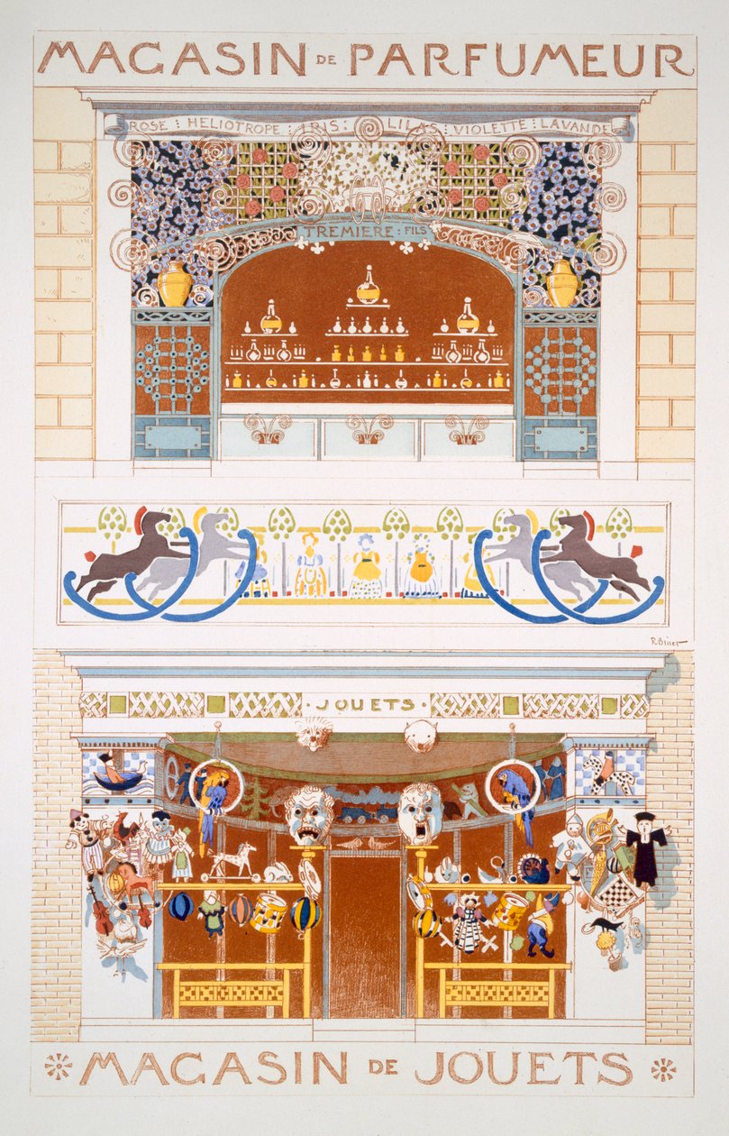 İki Mağaza Önü Tasarımı: Bir Parfüm Satıcısı ve Bir Oyuncak Mağazası, c.1880-95 by Rene Binet