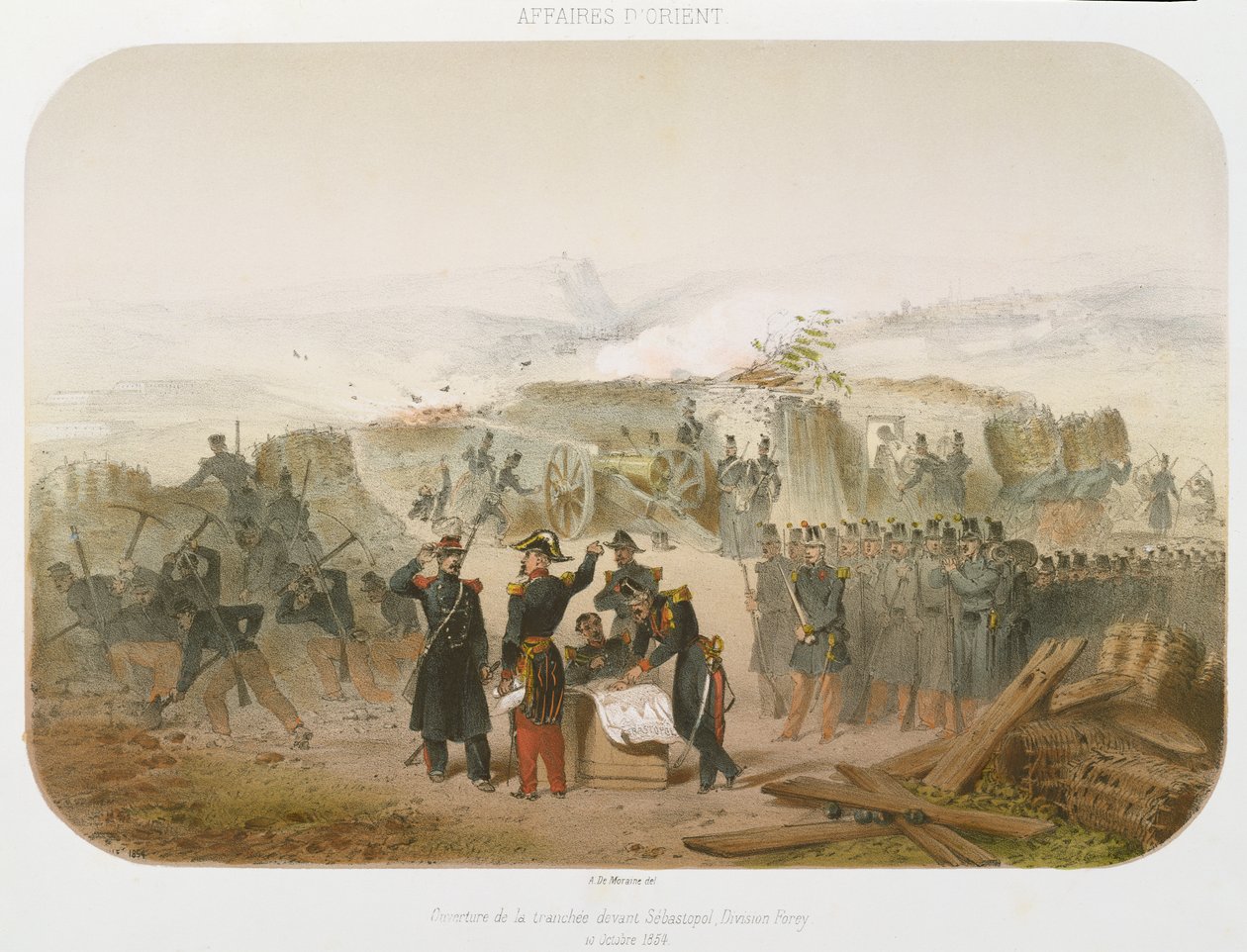 Sivastopol Önüne Hendek İnşası, 10 Ekim 1854, 1854 (renkli litografi) by Rene Demoraine