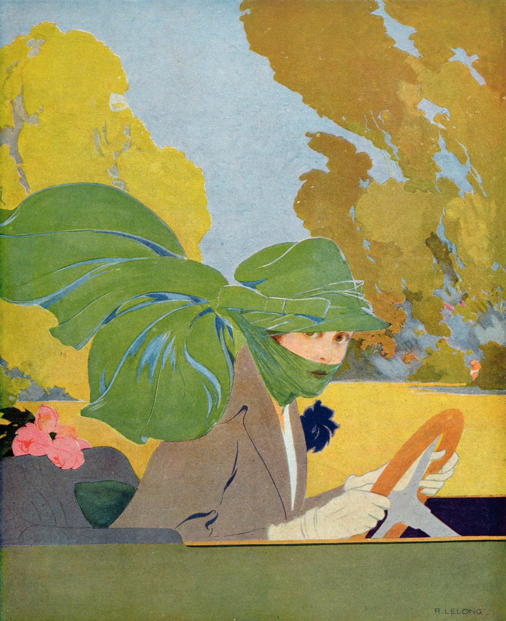 Marthe Chenal motorlu arabasının direksiyonunda, 'Femina' Dergisi'nden bir illüstrasyon, Ağustos 1919 by Rene Lelong