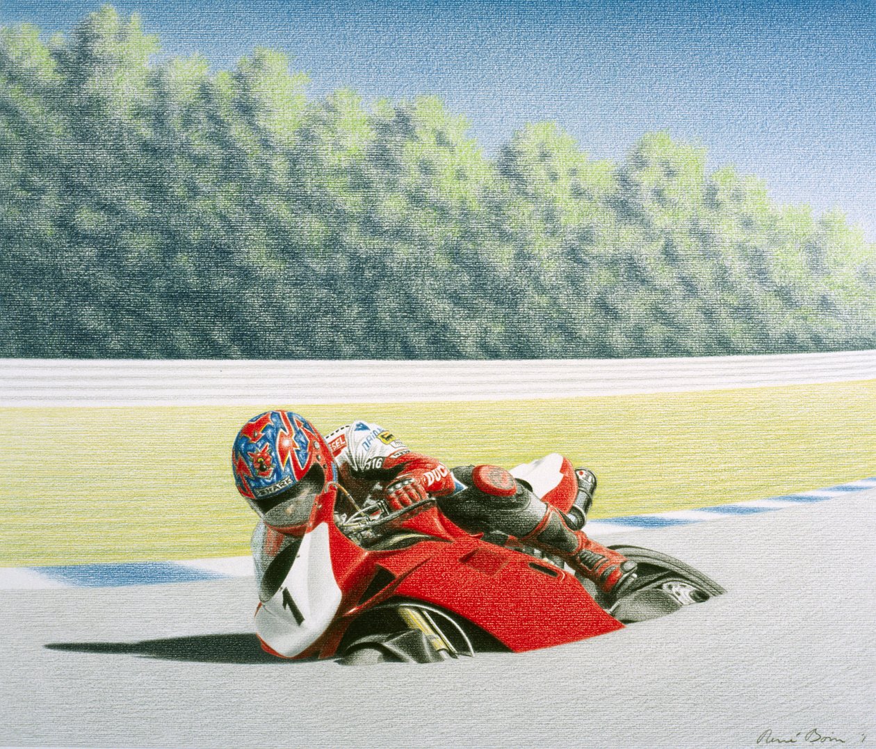 Roadrace, 2001, Kağıt üzerine renkli karakalem by Rene Boin