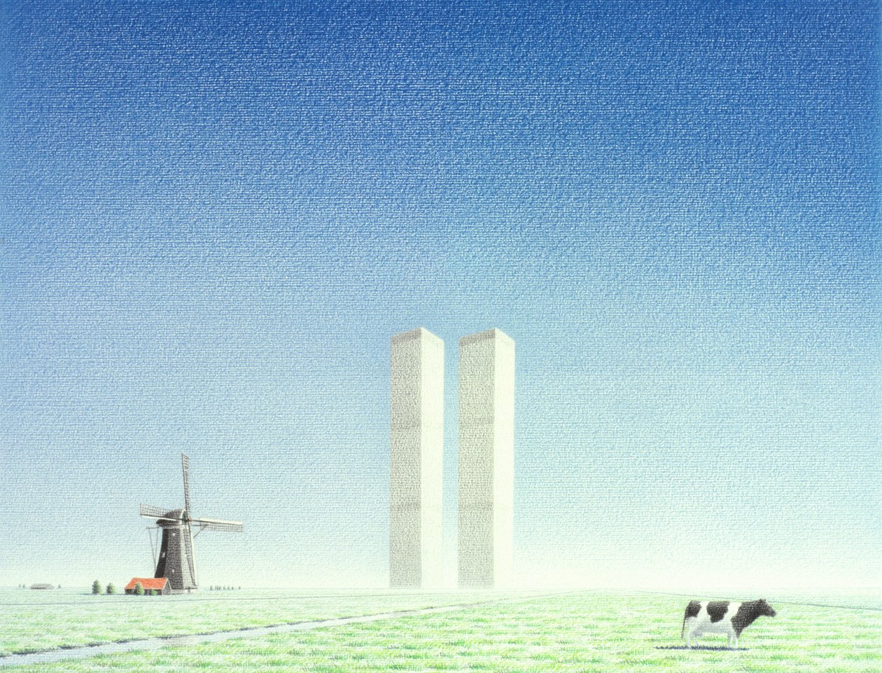 İkiz Kuleler, 2001, Kağıt üzerine renkli karakalem by Rene Boin