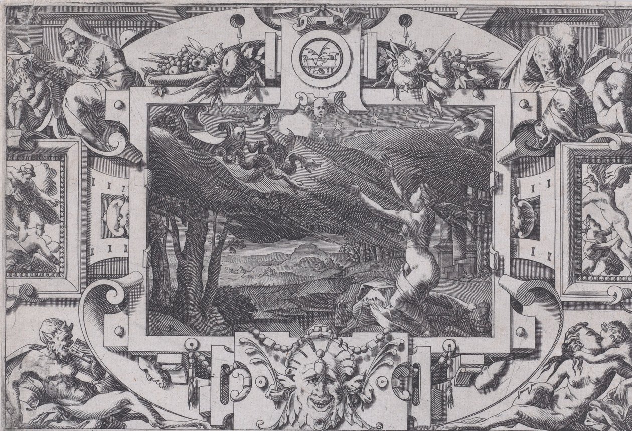 Medea ve Ejderhaların Çizdiği Arabası Karanlık bir gecede ıssız bir yerde başı darmadağınık ve çıplak..., 1563. by Rene Boyvin