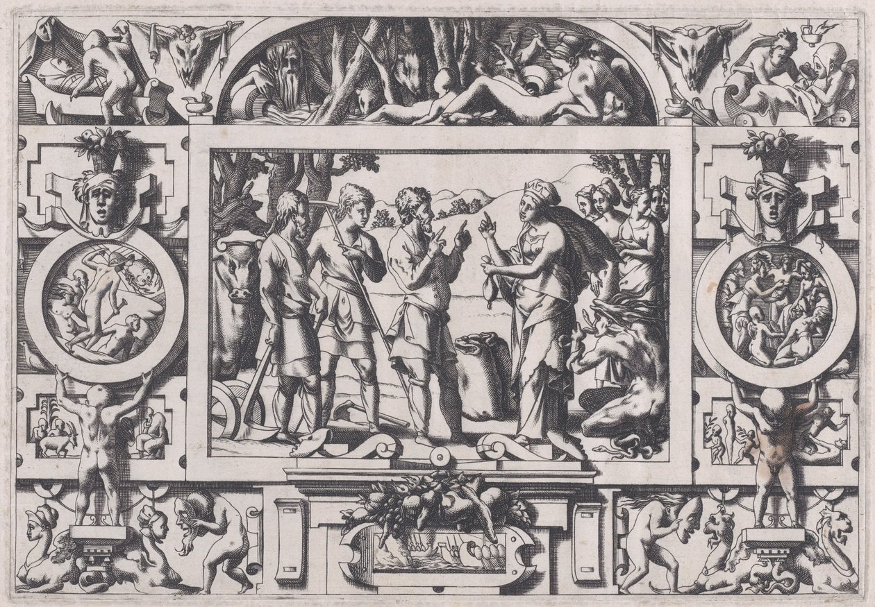 Kraliçe Ino ve Koca Kraliçe Ino, tokluğun tohumunu her yerde bozar..., 1563. by Rene Boyvin