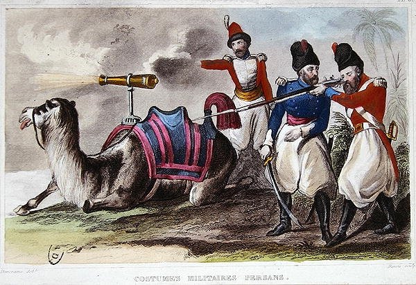 Ondokuzuncu Yüzyıl Pers Askeri Kostümleri ve top taşıyan bir Deve, 1840 dolayları (renkli taş) by Rene Demoraine
