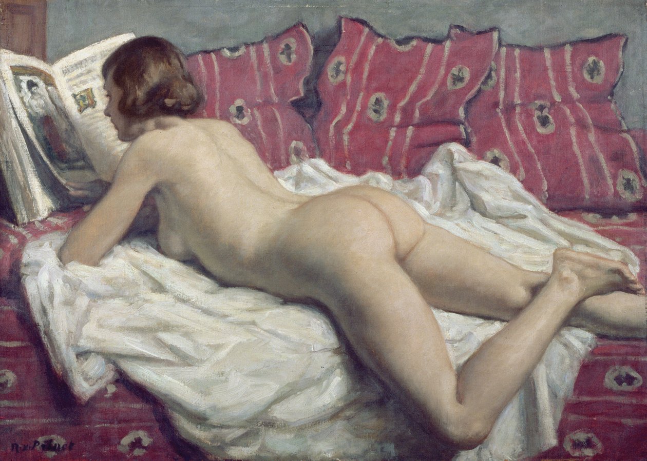 Pembe Divanda Çıplak, 1925 dolayları (tuval üzerine yağlı boya) by René François Xavier Prinet