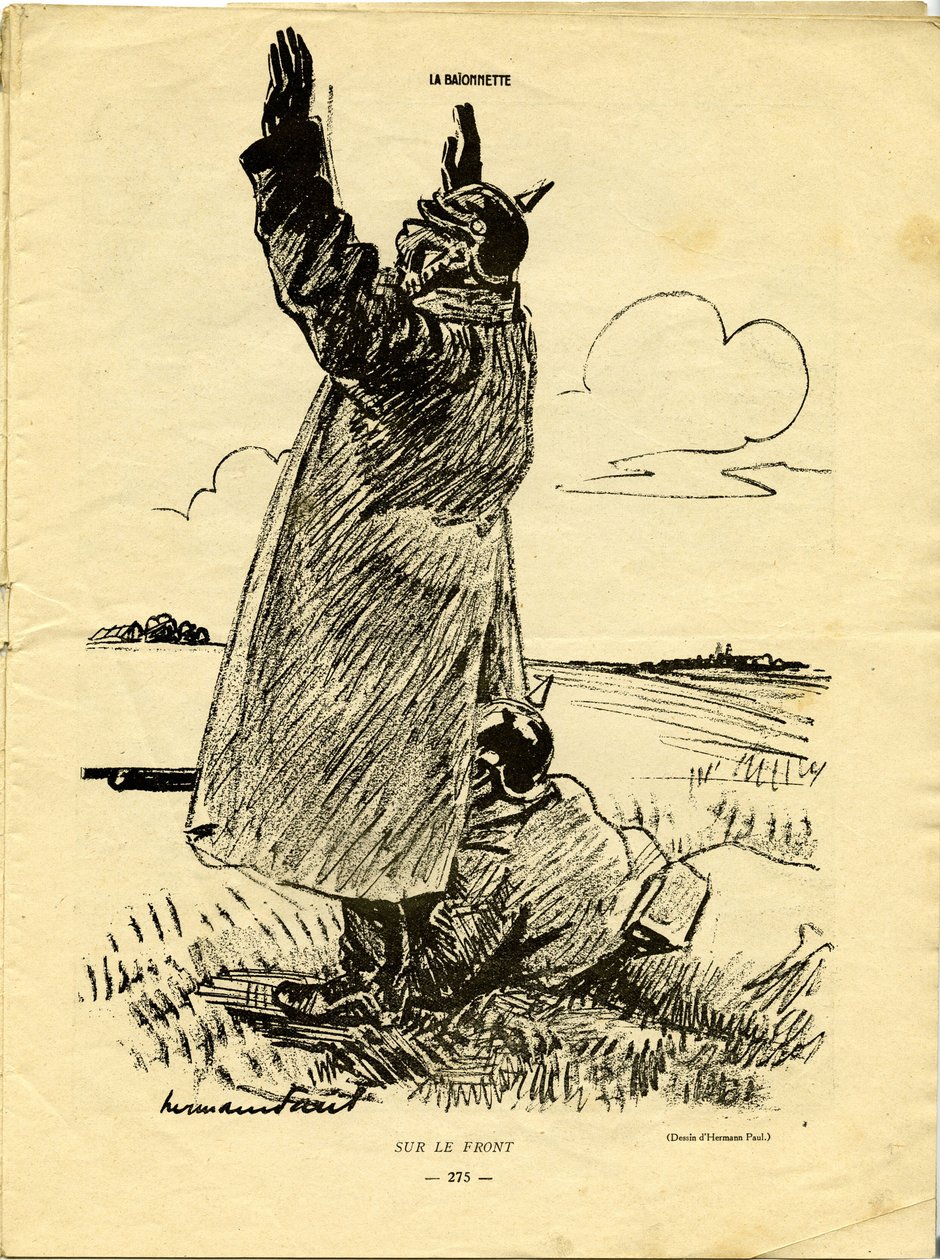 Savaş cephesinde, bir Alman askeri teslim olmuş gibi davranırken, bir başkası bundan yararlanarak ceketinin altına ateş eder. by Rene George Hermann Paul