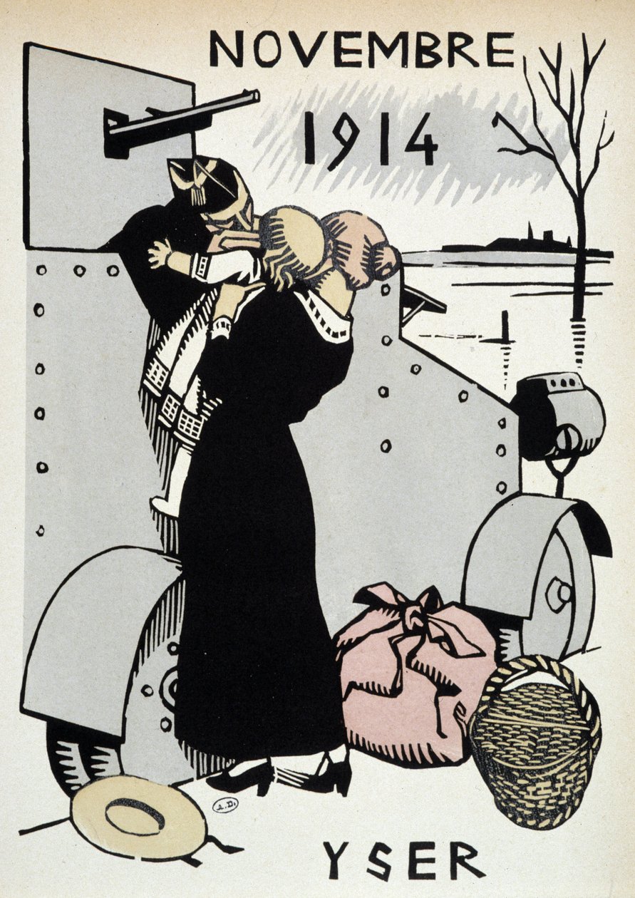 Kasım 1914: Yser, birliklerin ayrılışı - “” Savaş Takvimi”nde, çizim, Herman-Paul, ed. 1916 by Rene George Hermann Paul