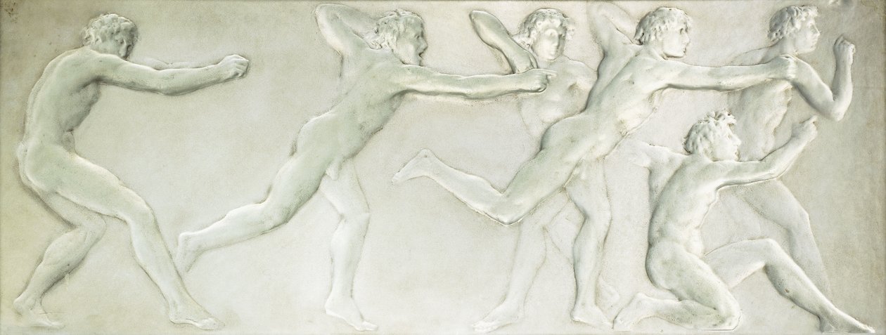Altı çıplak erkek sporcuyu betimleyen kalıplanmış cam figürlü panel, by Rene Jules Lalique