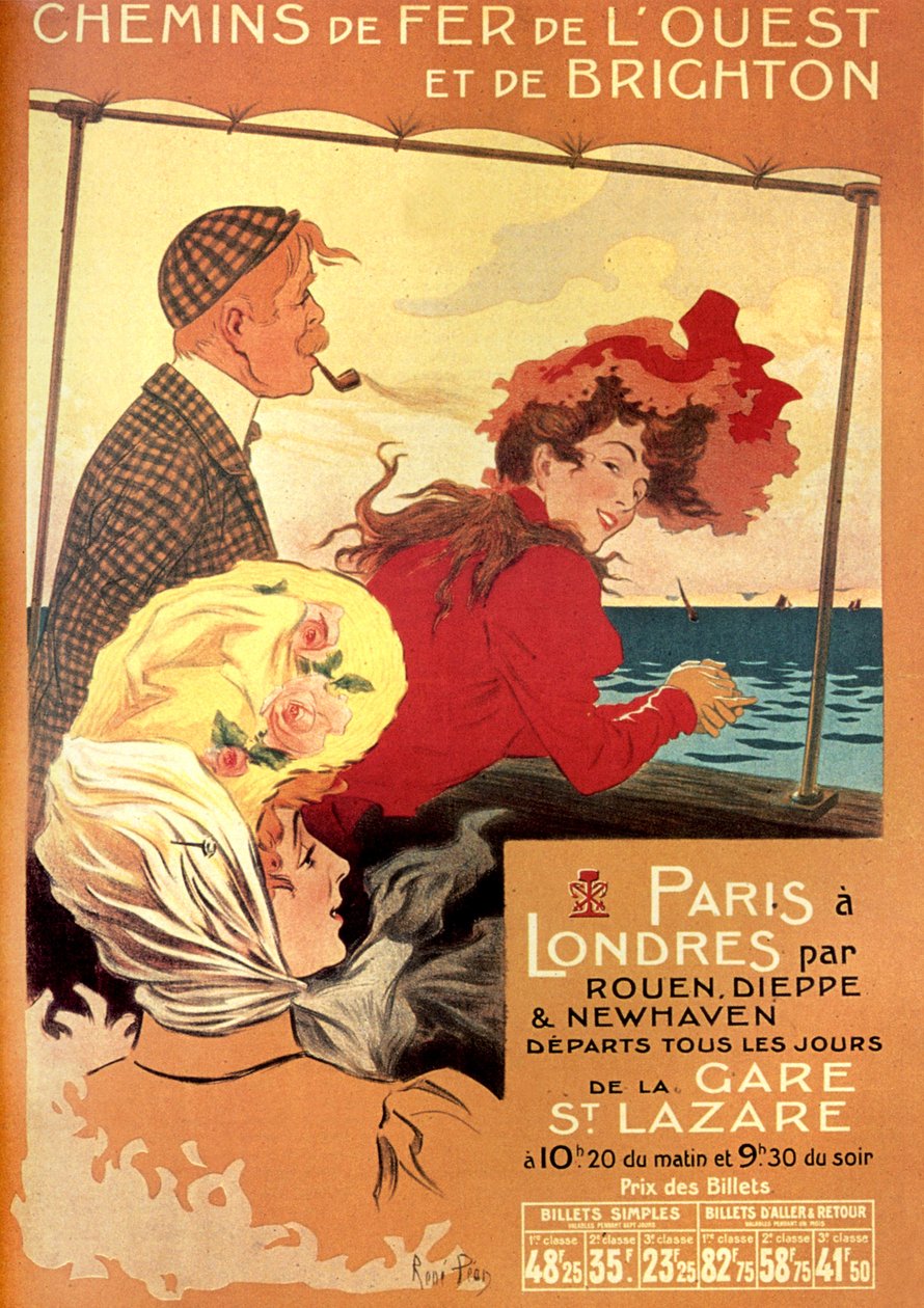 Rouen, Dieppe ve Newhaven üzerinden Paris Londra hattı için West ve Brighton demiryolu şirketi için Rene Pean reklam afişi, 19. yüzyılın sonları by Rene Pean