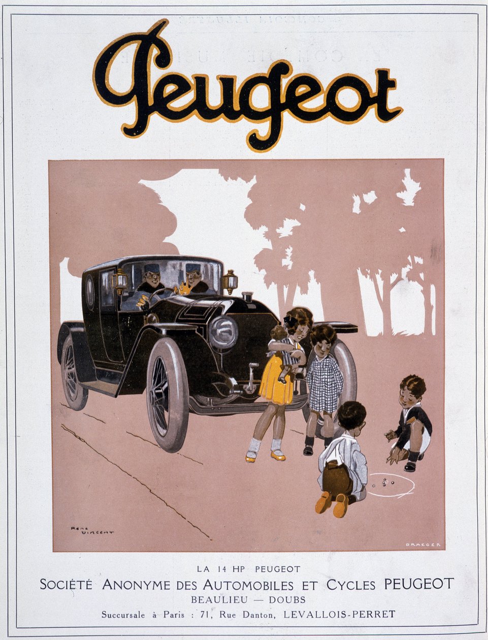 20 Aralık tarihli “” Comoedia ünlü”” filminde Peugeot “” The 14 HP Peugeot” reklamı by Rene Vincent
