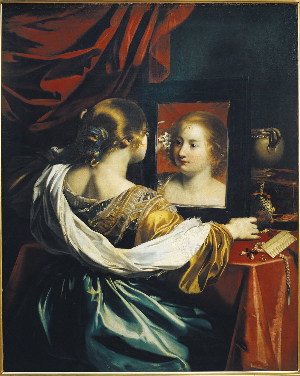 Tuvalette makyaj veya genç kadın, c. 1626 by Renieri