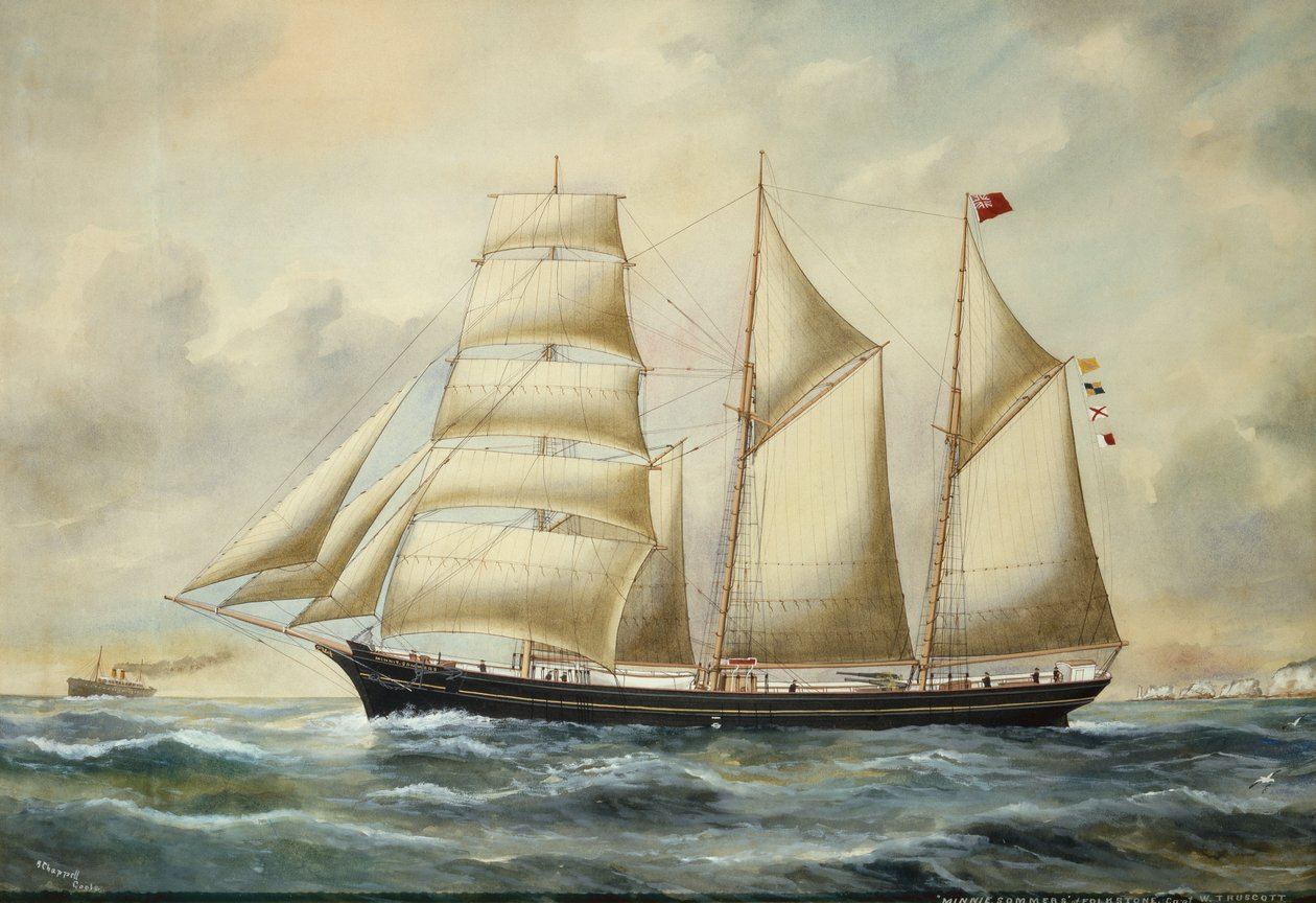 Brigantine Minnie Sommers Off Folkestone (kalem ve sulu boya) by Reuben Chappell