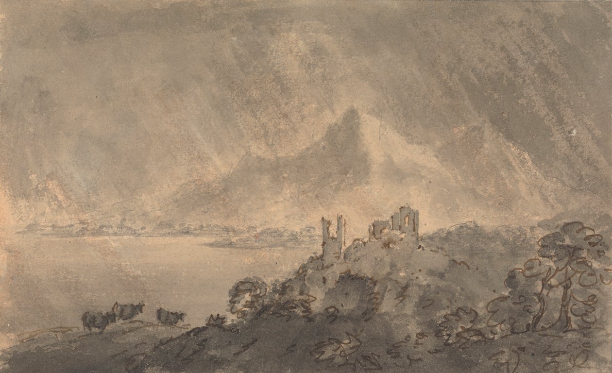 Fırtınalı Gökyüzünün Altında Uzak Dağ ile Gölün Üzerindeki Kale by Rev. William Gilpin