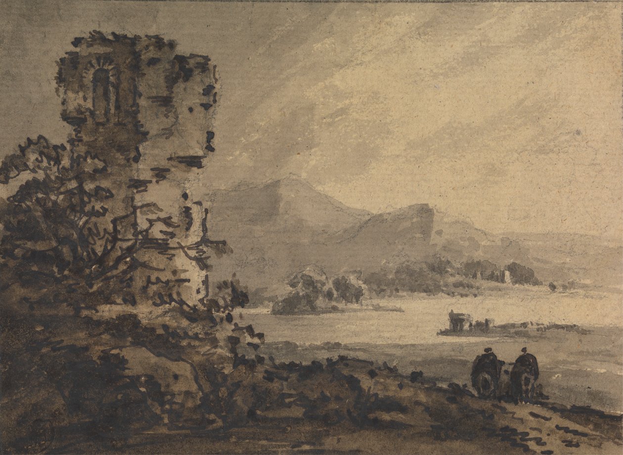 Sağda At Sırtında İki Figürlü Klasik Manzara by Rev. William Gilpin