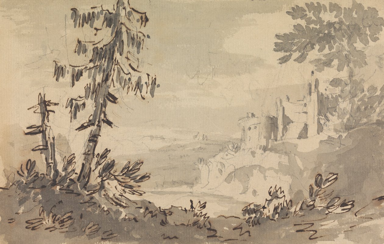 Peyzaj İçinde Çam Ağaçları ve Kale by Rev. William Gilpin