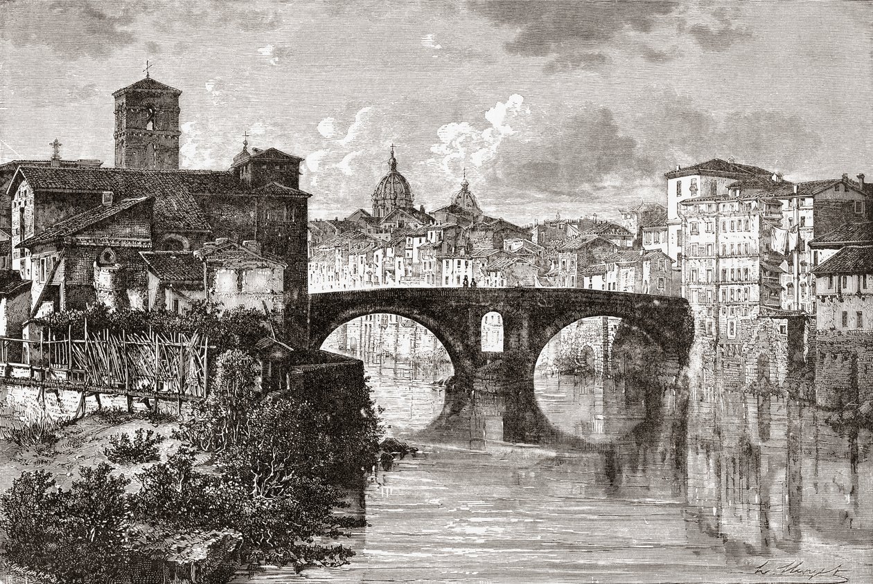 Pons Fabricius ya da Ponte dei Quattro Capi ve Tiber Adası, 19. yüzyılın sonlarında Roma, İtalya. Rev. Samuel Manning