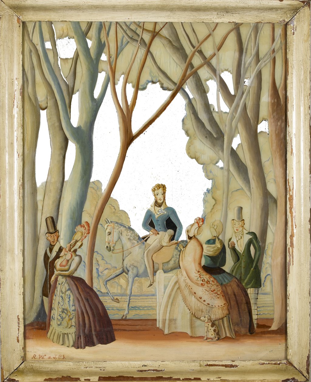 Ağaçlık bir parkta gezinen figürler, 1930 dolayları (cam üzerine yağlı boya) by Rex Whistler