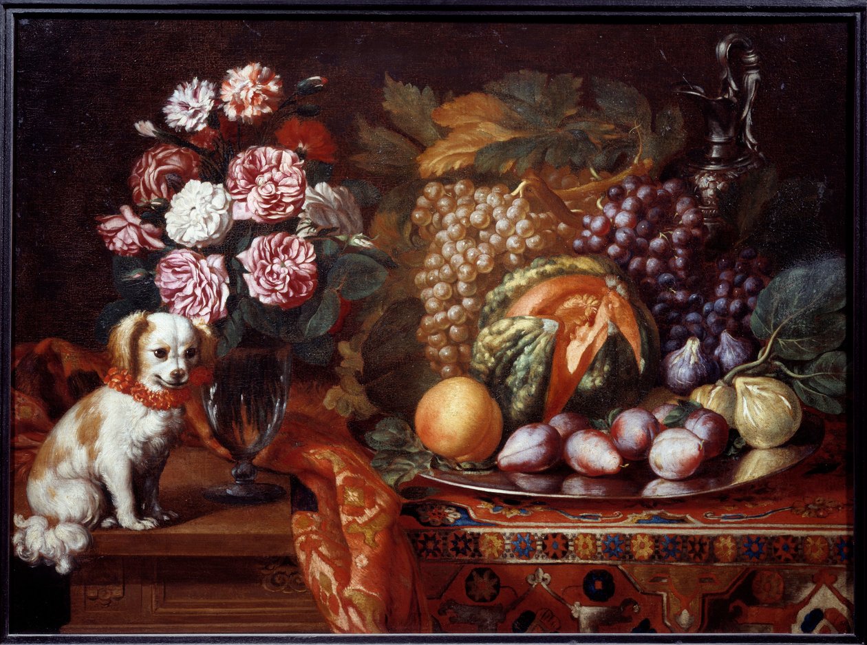 Cüce spaniel ile natürmort. Renaud Levieux tarafından yapılan resim, Reynaud Le Vieux (c.1625-1690) dedi by Reynaud Levieux