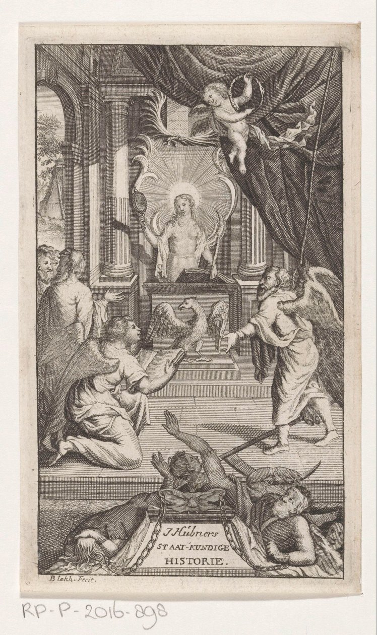 Vader Time, Tarihi ortaya koyuyor J. Huebner'in siyasi tarihini (nesne üzerindeki başlık) Başlık sayfası: Johann Hübner, Politik tarihten kısa sorular, 1722 by Reynier Blokhuysen