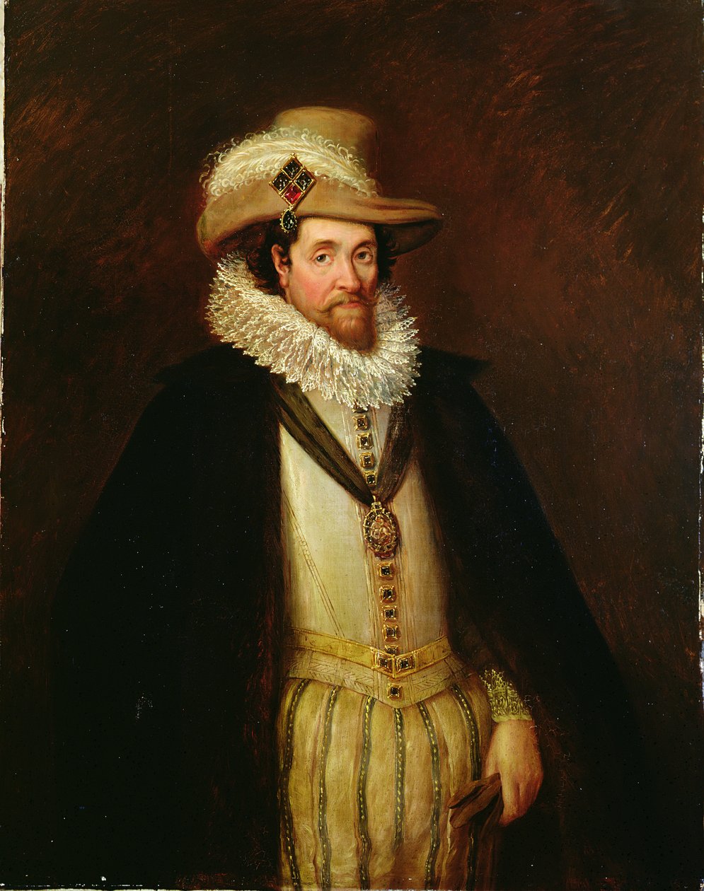 John de Critz II'den sonra İngiltere Kralı I. James ve İskoçya Kralı VI (1566-1625) (tuval üzerine yağlı boya) by Rhoda Sullivan