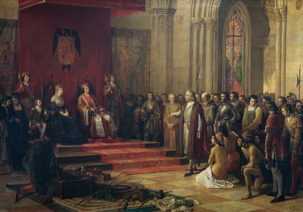 Ricardo Balaca'nın (1844-1880) 1874 tarihli tablosu, Kristof Kolomb, Amerika'ya yaptığı ilk geziden dönüşünde Barselona'da Katolik krallar tarafından karşılandı, tuval üzerine yağlı boya by Ricardo Balaca y Canseco