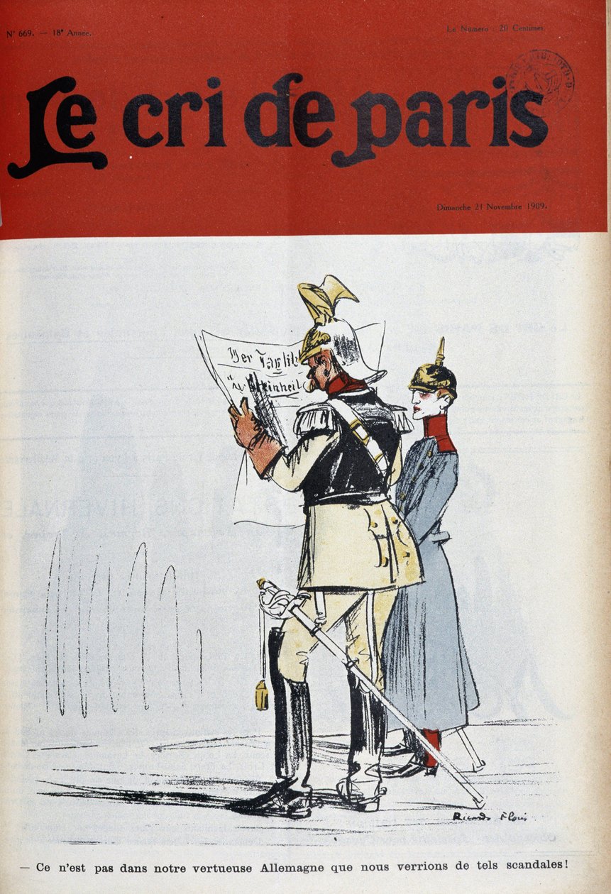 Almanya İmparatoru (?), Florès-couv tarafından yazılan skandalları (ama hangileri?) kınayan bir gazete okuyor. 21/11/1909 tarihli “Le Cree de Paris”. by Ricardo Flores