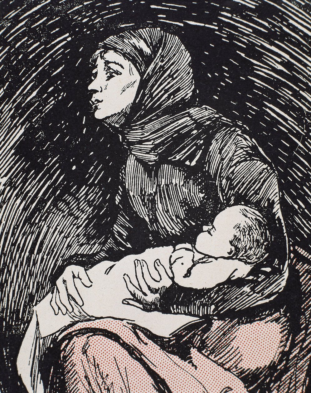 Noel arifesi. 1900. Kollarında çocuğu olan sıska bir kadın (gravür) by Ricardo Maria Navarrete