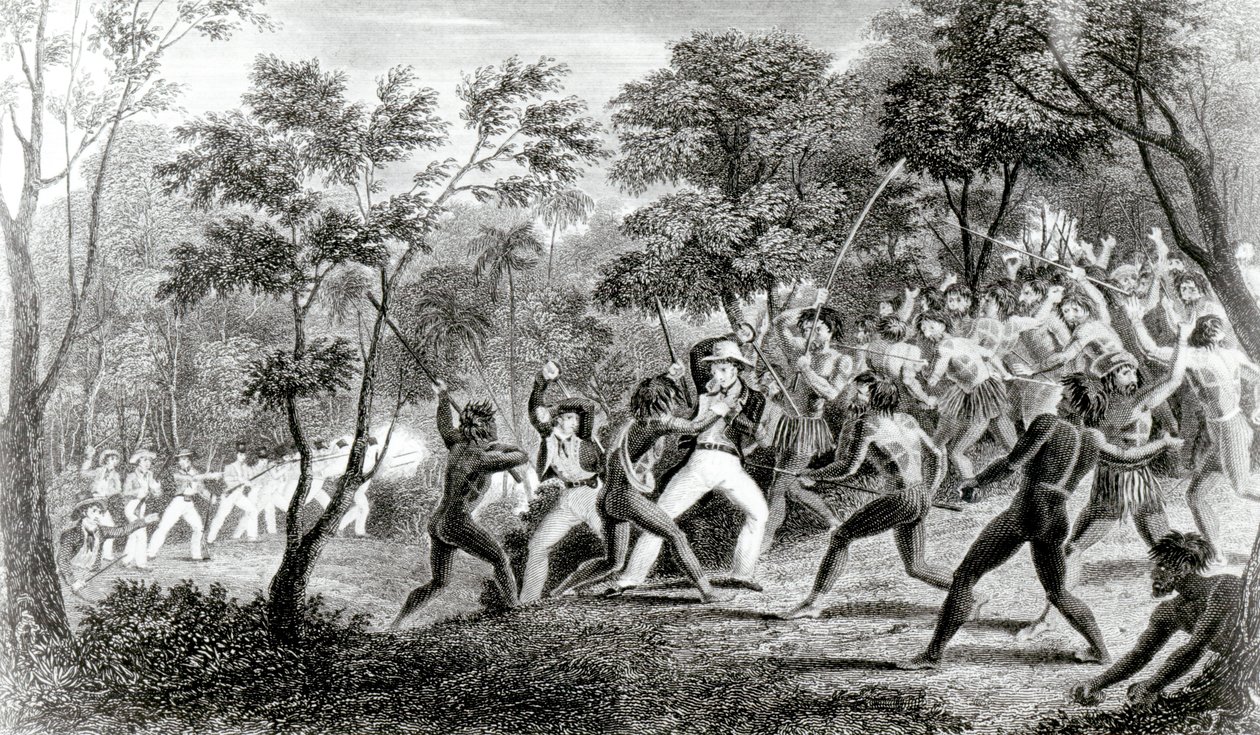 Gambier Adaları Yerlilerinin Saldırısı, Edward Finden tarafından kazınmış, 1831 by Richard B. Beechey