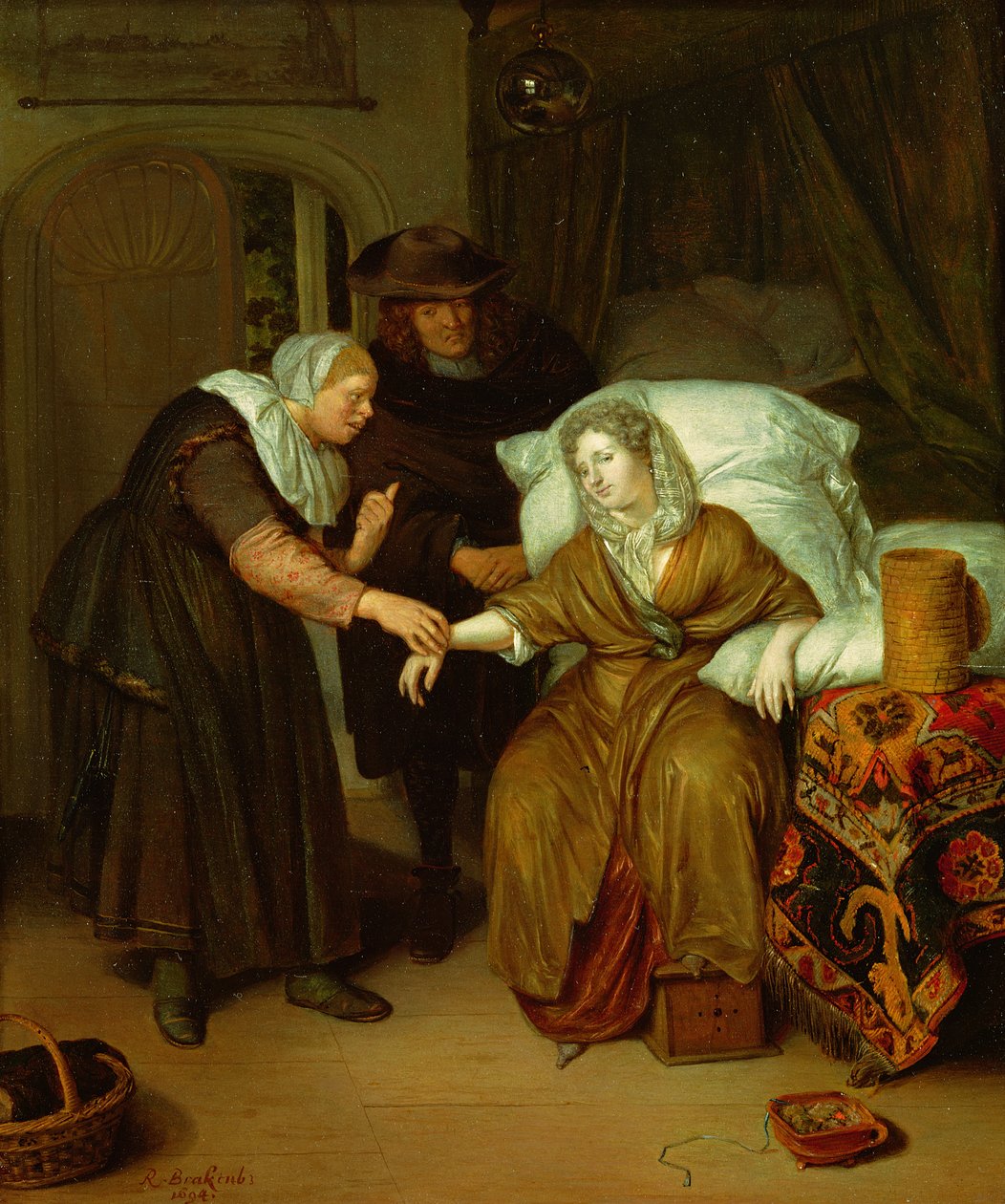 Bir bayanın nabzını tutan bir hizmetçi by Richard Brackenburgh