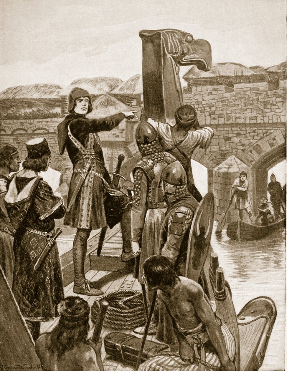 Earl Godwin, 1052'de İrlanda'dan 9 gemiyle oğlu Harold'a katılmak için Londra Köprüsü'nün altından geçiyor, 'Hutchinson's Story of the British Nation'dan bir çizim, c.1923 by Richard Caton Woodville junior