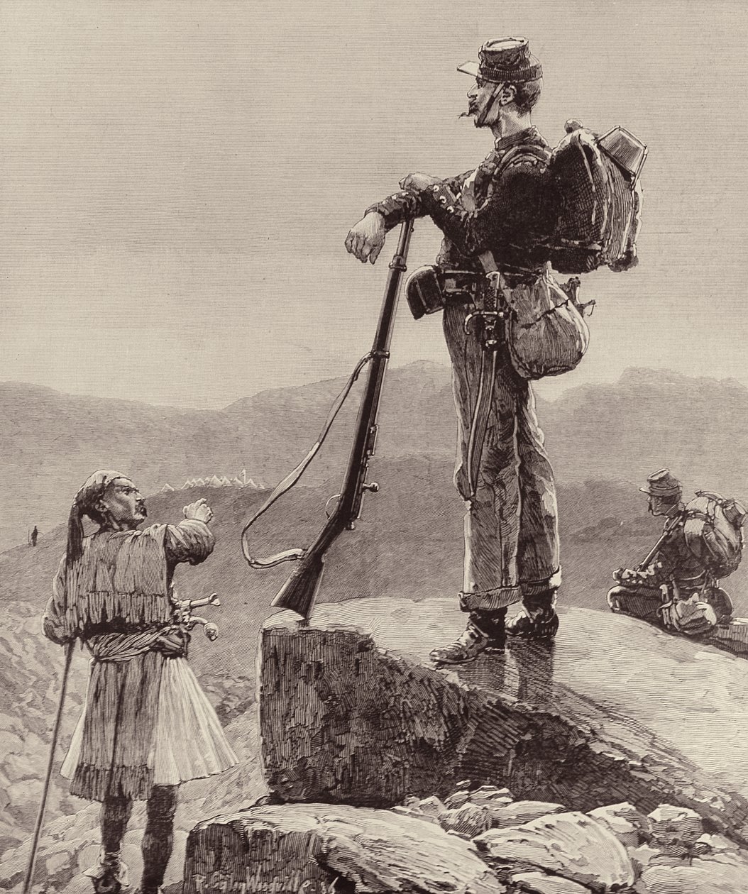 Gözetlemede: Yunan Ordusunun Piyade Askerleri, The Illustrated London News, 4 Ekim 1886 by Richard Caton II Woodville