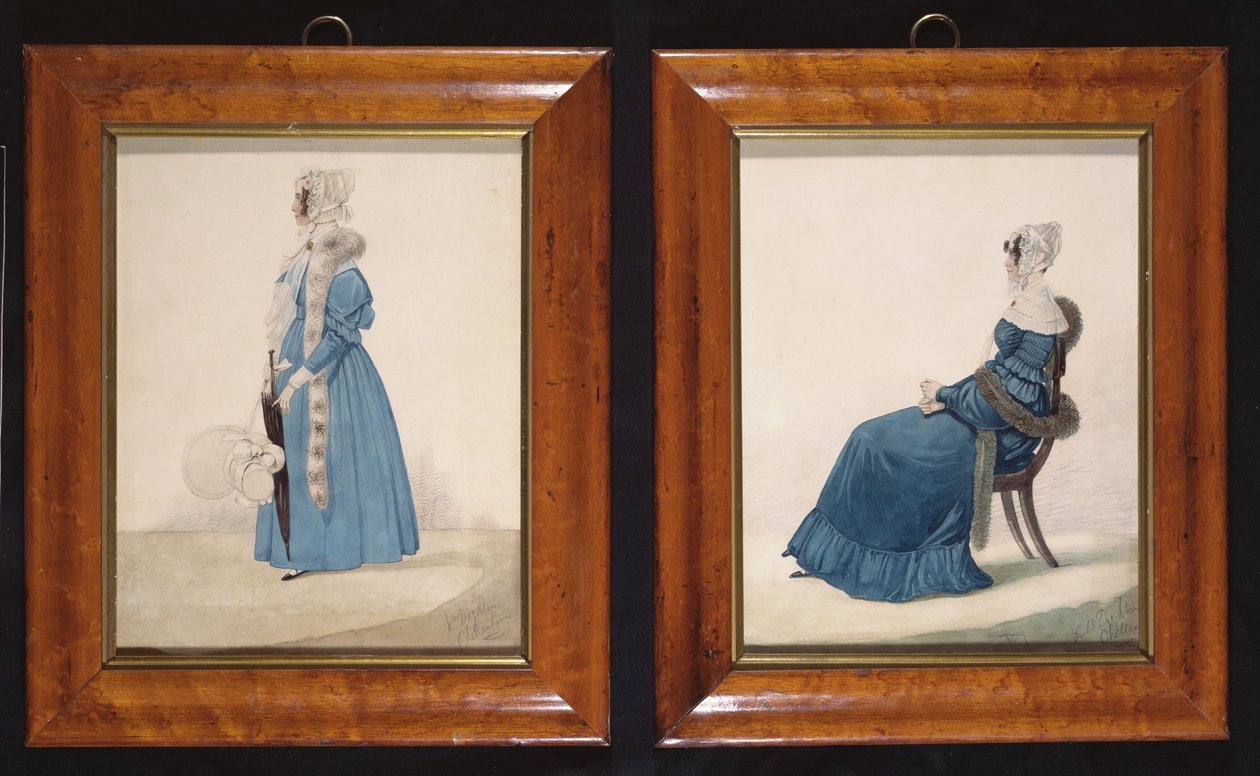 Mavi Elbiseli Oturan ve Ayakta Duran Kadının iki portresi, 1830 dolayları (kağıt üzerinde tuvalet ve kurşun kalem) by Richard Dighton