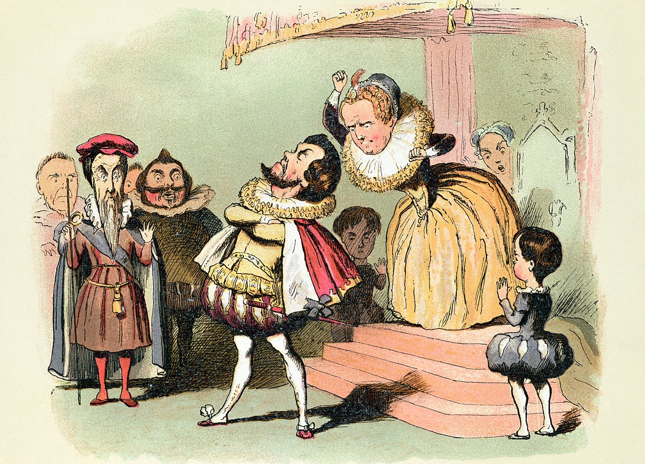 Elizabeth I (1533-1603): Robert Devereux, Essex 2. Kontu, konseyde, 1586, (çizgi film, baskı) by Richard Doyle