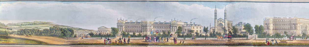 Gloucester Gate, Gloucester Terrace ve St. Katherine's Church and Hospital, 'A Panoramic View Round the Regent's Park'tan detay, pub. Ackermann tarafından, 1831 (aquatint) by Richard Morris