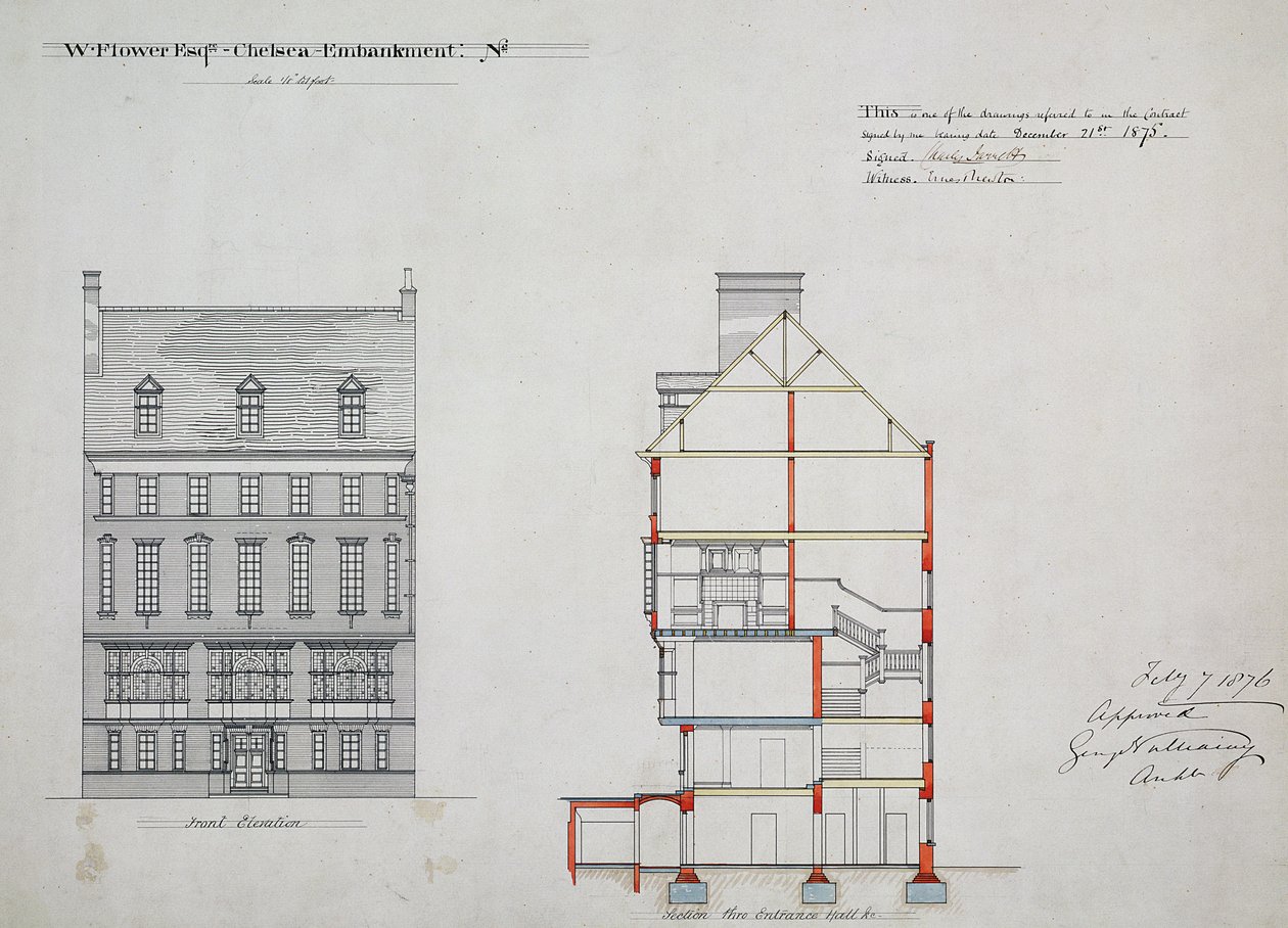 W. Flower Esq için bir ev tasarımı, Chelsea Embankment, Londra, 1876 (kağıt üzerinde kalem & mürekkep & wc) by Richard Norman Shaw