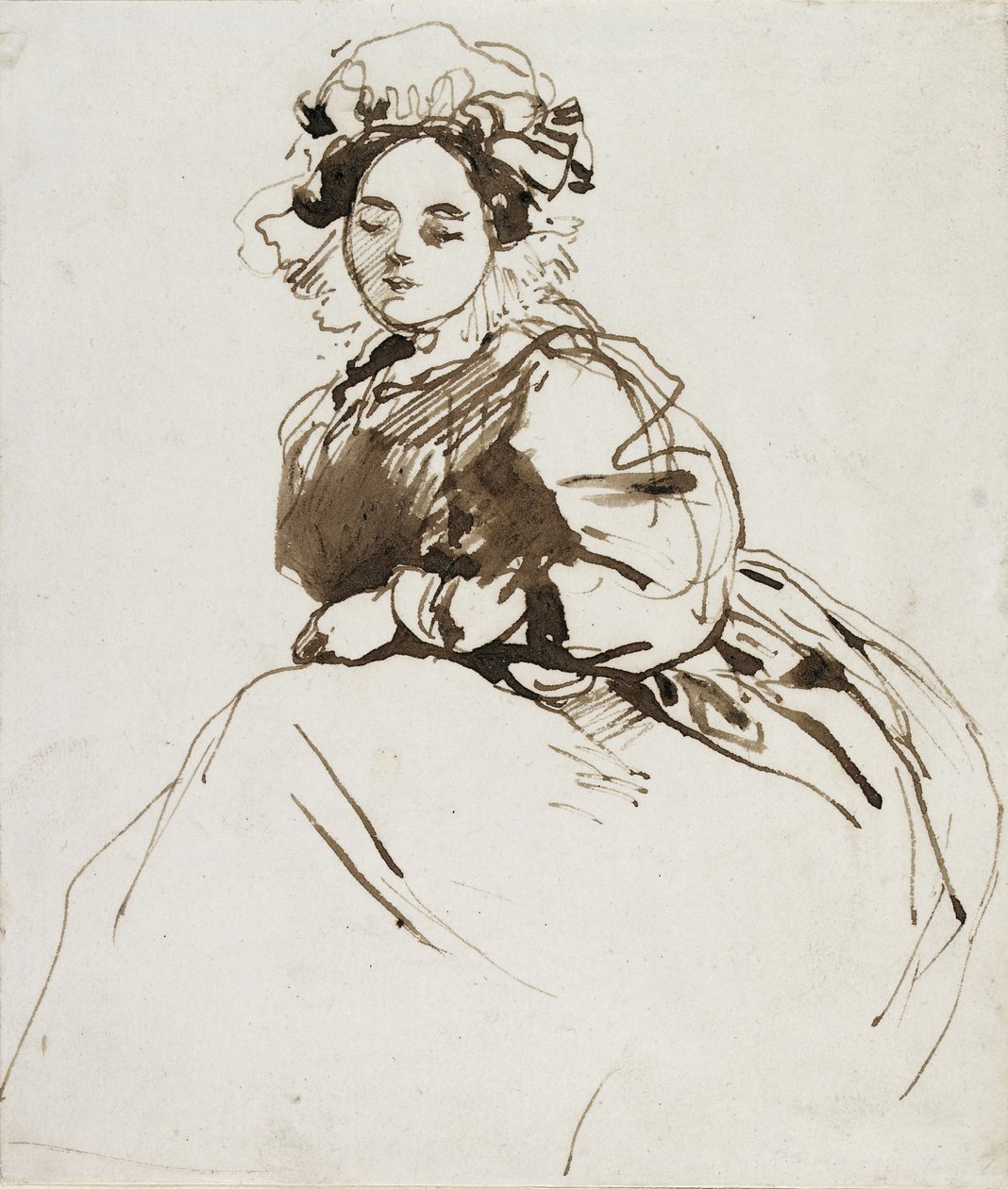 Oturan Kadının Çalışması (beyaz kağıt üzerine kahverengi astarlı kalem ve kahverengi mürekkep) by Richard Parkes Bonington