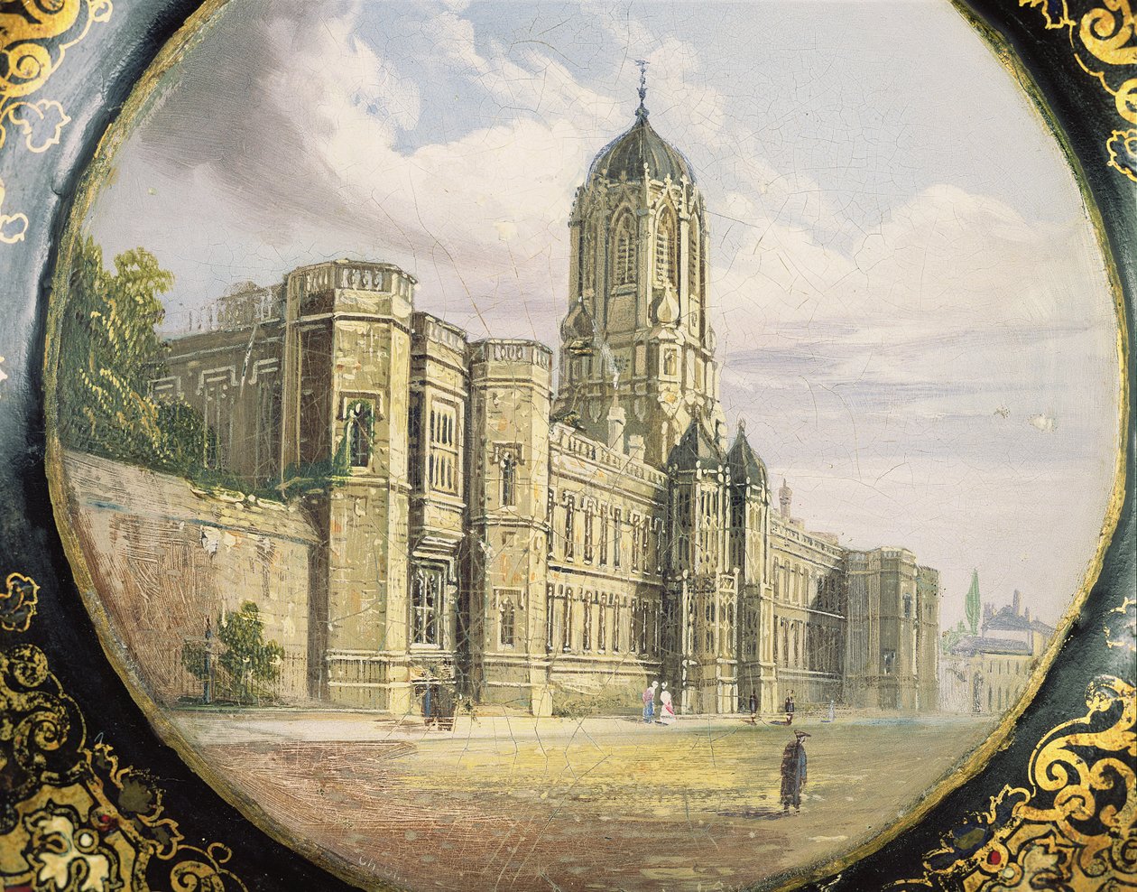 Victorian card tray decorated with a scene of Christ Church, Oxford (papier mache) by Richard Phene and Benjamin W. Spiers
