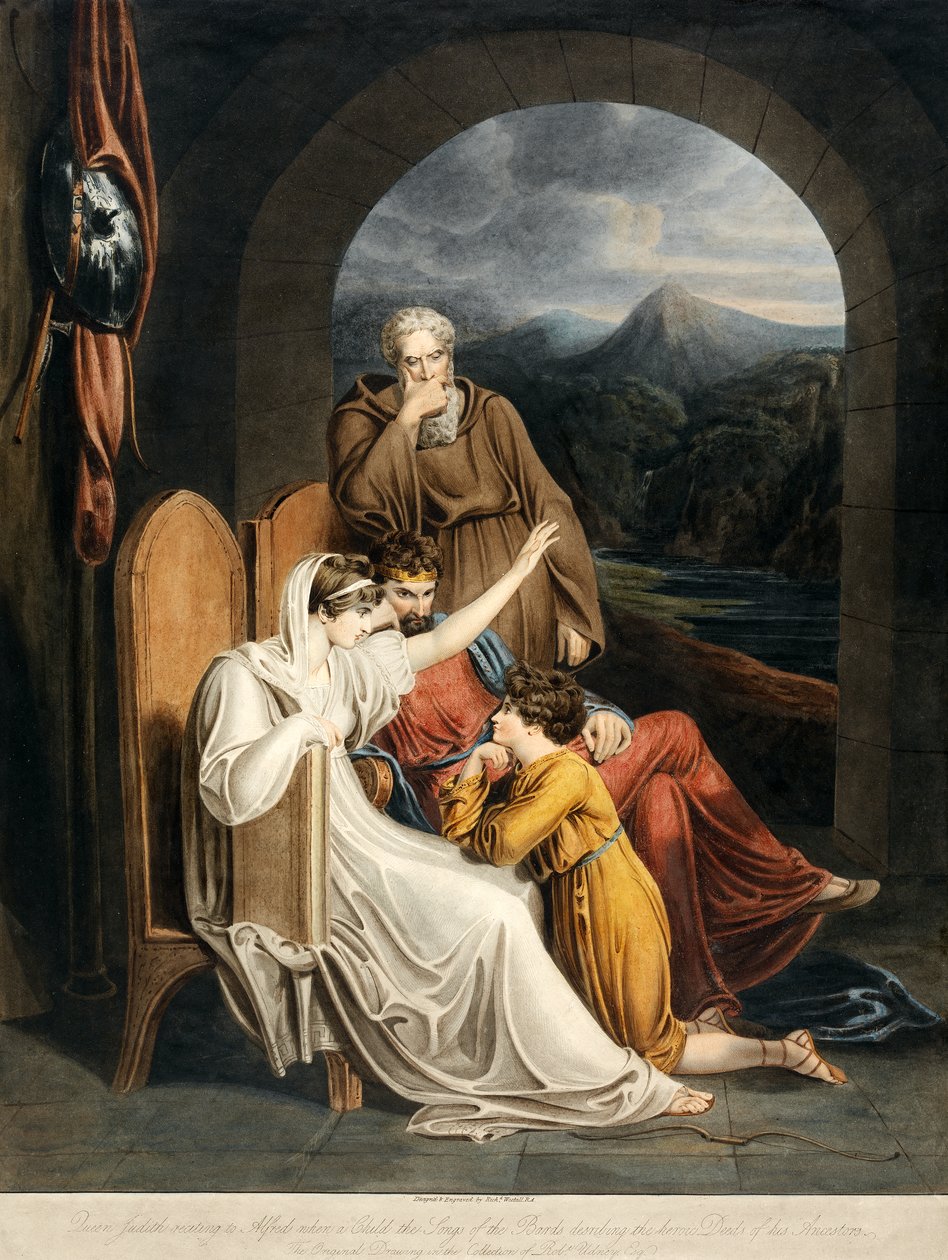 Kraliçe Judith, Alfred'e, bir Çocuk, Atalarının Birahanesinin kahramanca İşlerini anlatan Ozanların Şarkıları'nı okurken. 1801 by Richard Westall