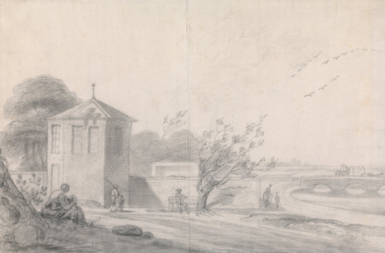 Figürlü Nehir Kenarı Sahnesi, Solda Altıgen Bina ve Sağda Atlı Vagon Geçiş Köprüsü by Richard Wilson